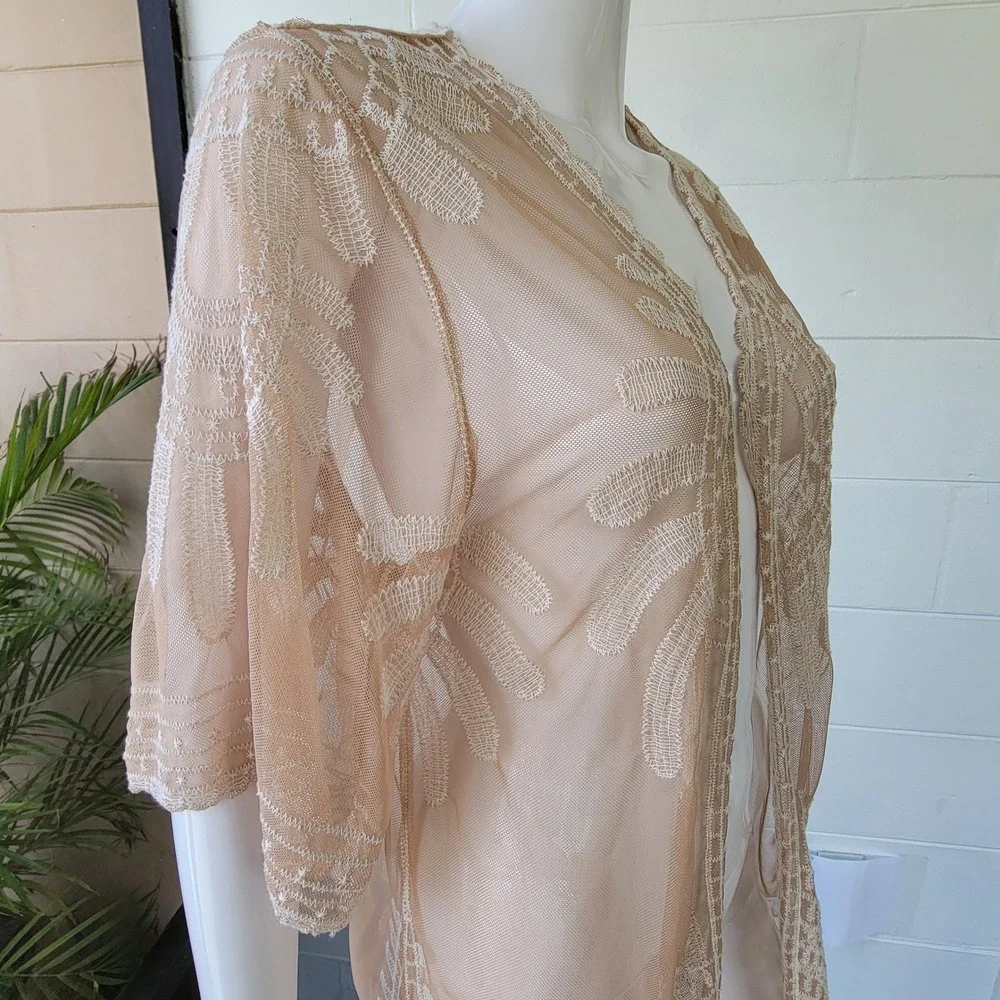 Rebellion Again Lace Mesh Kimono Cardigan Beige Women's S Boho Longline Duster